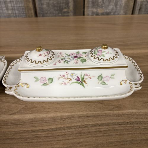 A Pair of Japanese Porcelain Double Inkwells with Integral Trays