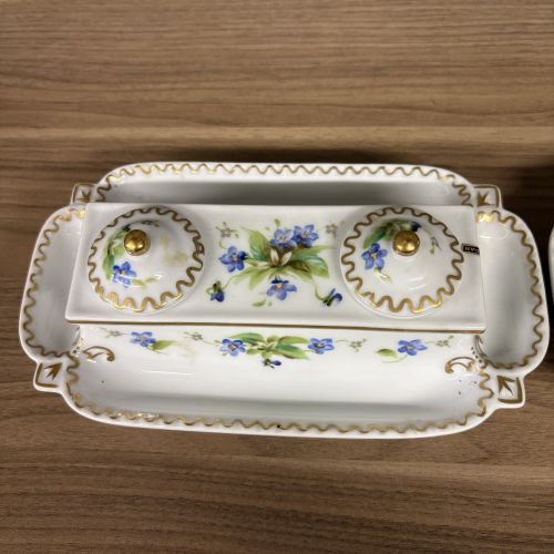 A Pair of Japanese Porcelain Double Inkwells with Integral Trays