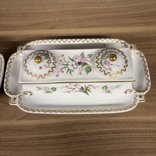 A Pair of Japanese Porcelain Double Inkwells with Integral Trays