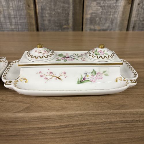 A Pair of Japanese Porcelain Double Inkwells with Integral Trays