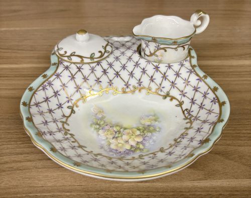 Nippon Hand Painted Porcelain Condiment Trio with Tray Creamer and Lidded Bowl