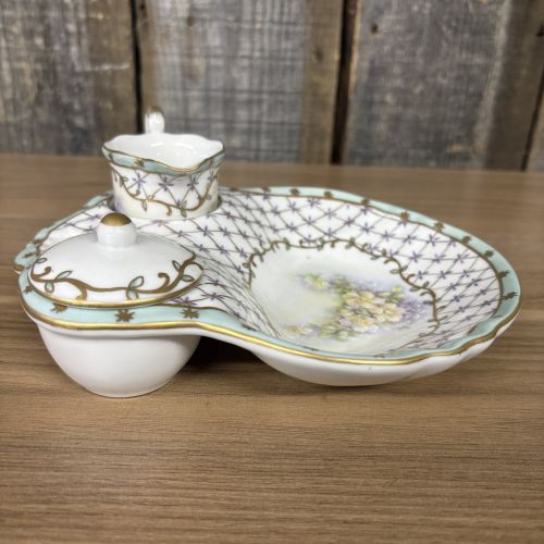 Nippon Hand Painted Porcelain Condiment Trio with Tray Creamer and Lidded Bowl