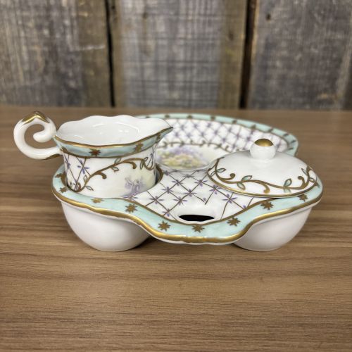 Nippon Hand Painted Porcelain Condiment Trio with Tray Creamer and Lidded Bowl