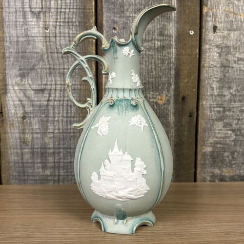 Neoclassical Jasperware Style Ceramic Ewer with Gothic Castle Relief