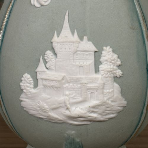 Neoclassical Jasperware Style Ceramic Ewer with Gothic Castle Relief
