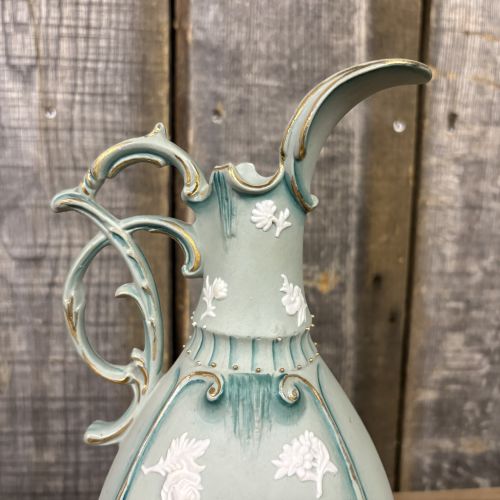Neoclassical Jasperware Style Ceramic Ewer with Gothic Castle Relief