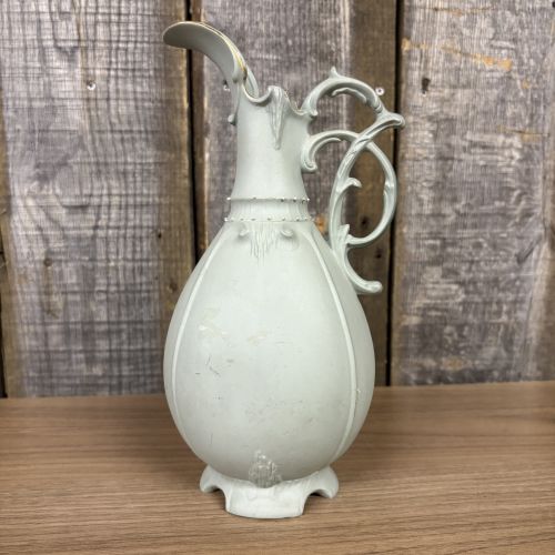 Neoclassical Jasperware Style Ceramic Ewer with Gothic Castle Relief