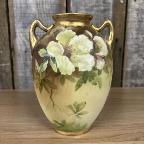 Morimura Brothers Nippon Hand Painted Floral Porcelain Two Handled Vase