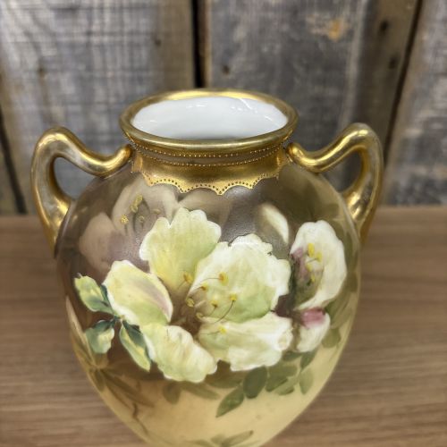 Morimura Brothers Nippon Hand Painted Floral Porcelain Two Handled Vase
