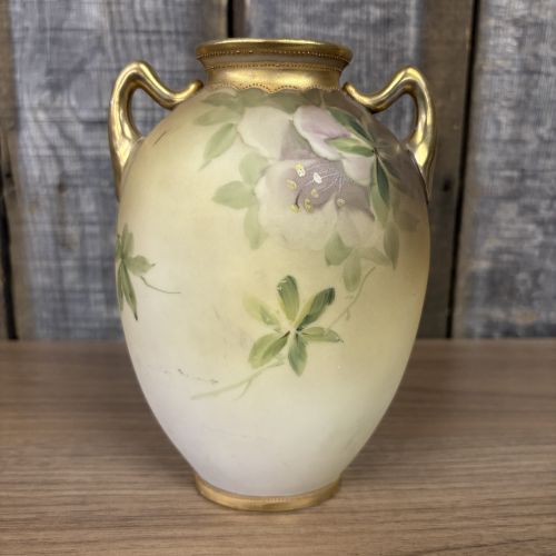 Morimura Brothers Nippon Hand Painted Floral Porcelain Two Handled Vase