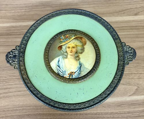 Neo-Rococo Style Gilt Metal and Enameled Footed Dresser Box with Miniature Portrait