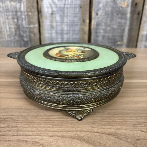 Neo-Rococo Style Gilt Metal and Enameled Footed Dresser Box with Miniature Portrait
