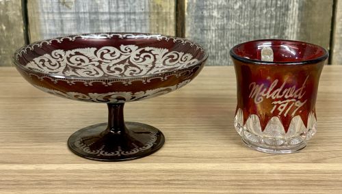 Two Pieces of Ruby Glass including a Bohemian Compote and a 1917 Souvenir Mug