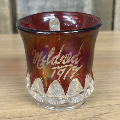 Two Pieces of Ruby Glass including a Bohemian Compote and a 1917 Souvenir Mug