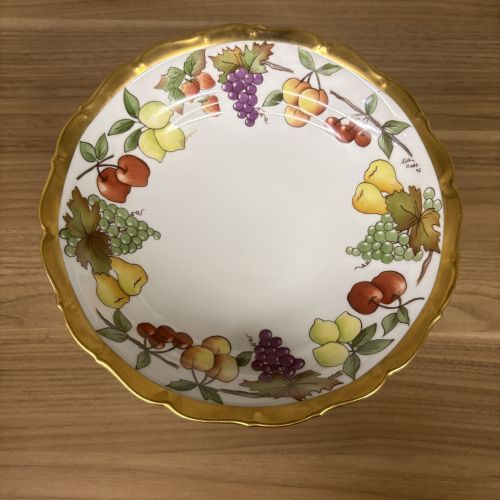 Haas and Cajzek Czech Porcelain Hand Painted Fruit Pedestal Bowl Signed Kelan Webb 1995