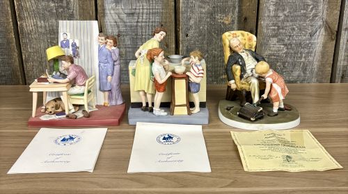 Three Norman Rockwell Hand-Painted Bisque Porcelain Figurines with Certificates of Authenticity