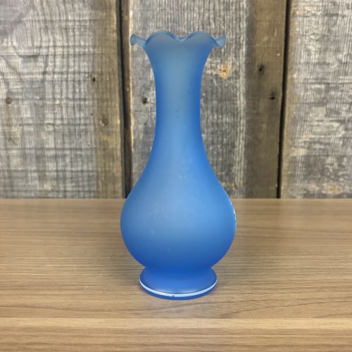 Two Mary Gregory Glass Items Including an Amber Decanter and a Frosted Blue Vase