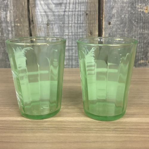A Pair of Antique Mary Gregory Green Glass Shot Glasses