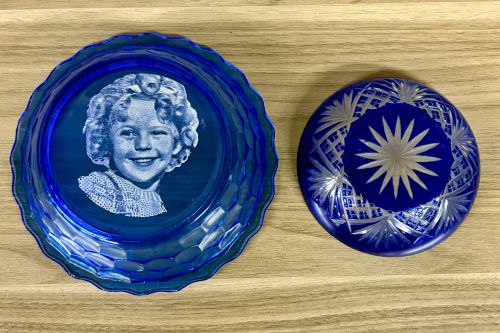 Two Cobalt Blue Glass Bowls Including a Hazel Atlas Shirley Temple Cereal Bowl