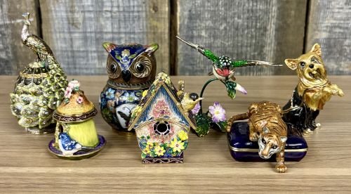 Collection of Seven Contemporary Enameled and Jeweled Metal Trinket Boxes