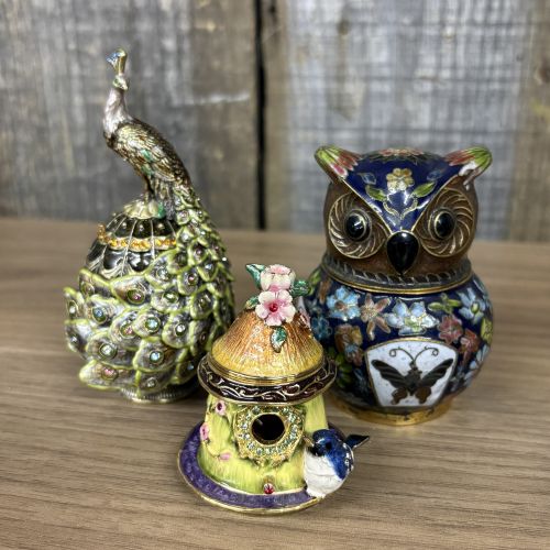 Collection of Seven Contemporary Enameled and Jeweled Metal Trinket Boxes