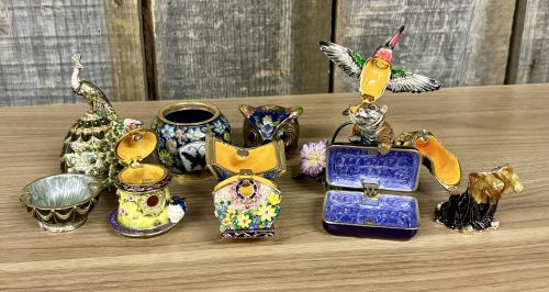 Collection of Seven Contemporary Enameled and Jeweled Metal Trinket Boxes