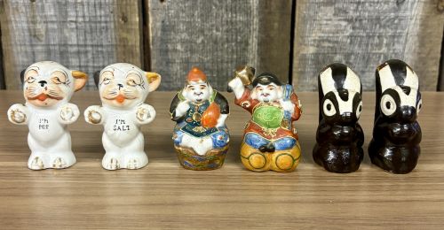 An Assortment of Vintage Ceramic Figural Salt and Pepper Shakers Including Bonzo Dogs and Japanese Deities