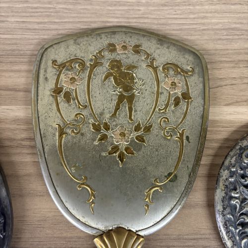 A Trio of Vintage Silver-Plated and Gold-Tone Hand Mirrors and Brush Handle
