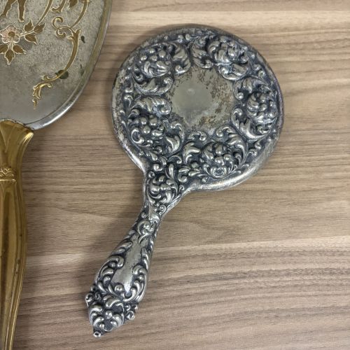 A Trio of Vintage Silver-Plated and Gold-Tone Hand Mirrors and Brush Handle