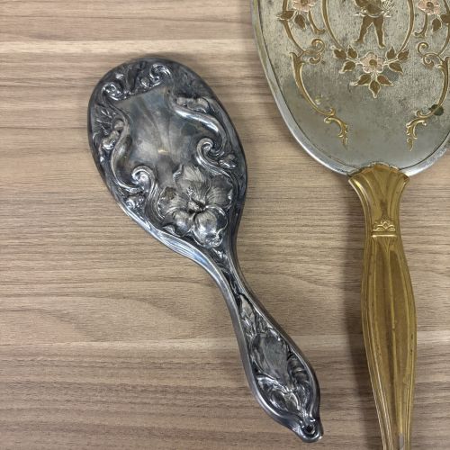A Trio of Vintage Silver-Plated and Gold-Tone Hand Mirrors and Brush Handle