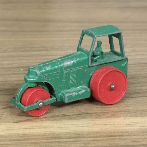 Five Toy Vehicles Including Ertl John Deere Tractors and a Matchbox Lesney Road Roller