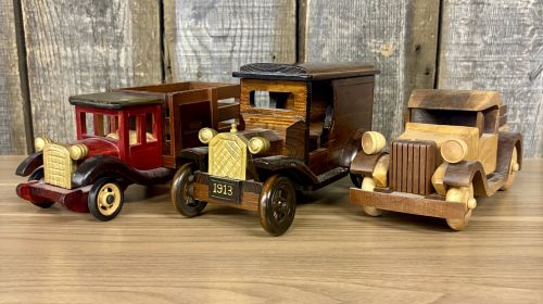 A Trio of Vintage-Style Wooden Promotional and Handcrafted Model Vehicles