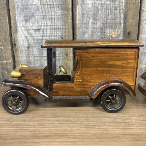 A Trio of Vintage-Style Wooden Promotional and Handcrafted Model Vehicles