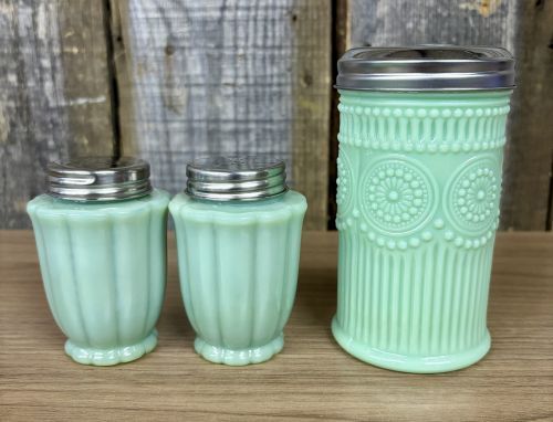 A Trio of The Pioneer Woman Adeline Pattern Jadeite Style Glass Kitchen Shakers