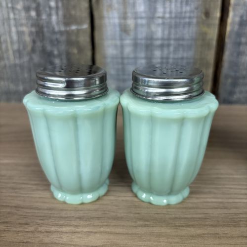 A Trio of The Pioneer Woman Adeline Pattern Jadeite Style Glass Kitchen Shakers
