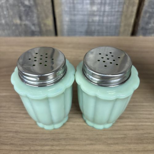 A Trio of The Pioneer Woman Adeline Pattern Jadeite Style Glass Kitchen Shakers