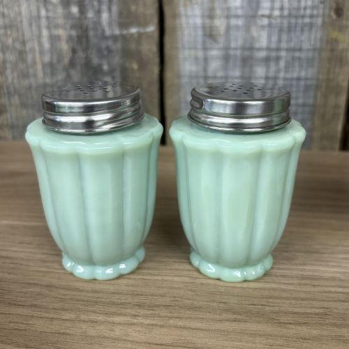 A Trio of The Pioneer Woman Adeline Pattern Jadeite Style Glass Kitchen Shakers