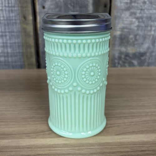 A Trio of The Pioneer Woman Adeline Pattern Jadeite Style Glass Kitchen Shakers