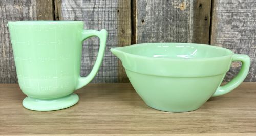 Two Pieces of Fire-King Jade-ite Glassware Including 1-Quart Measuring Pitcher and Batter Bowl