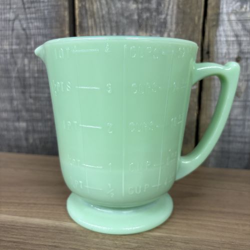 Two Pieces of Fire-King Jade-ite Glassware Including 1-Quart Measuring Pitcher and Batter Bowl