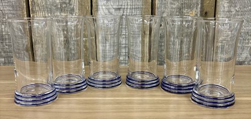 A Set of Six Fiesta Clear Glass Tumblers with Cobalt Blue Ringed Bases