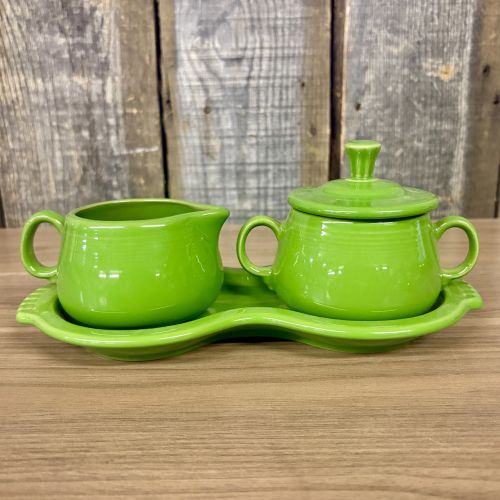 A Homer Laughlin Fiesta Chartreuse Figure Eight Creamer and Sugar Set