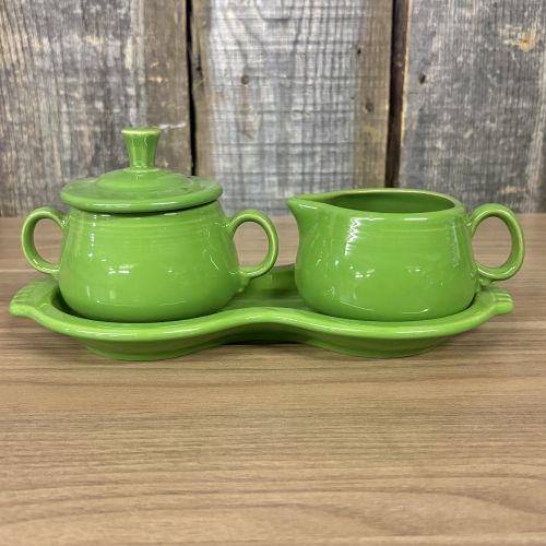 A Homer Laughlin Fiesta Chartreuse Figure Eight Creamer and Sugar Set