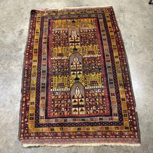 Baluch Hand-Knotted Wool Tribal Rug with Triple-Mihrab Pattern