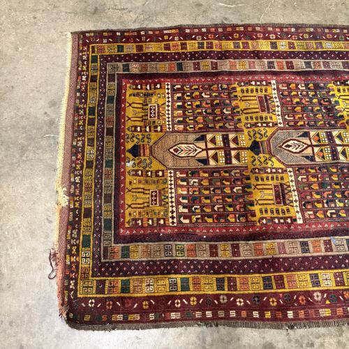 Baluch Hand-Knotted Wool Tribal Rug with Triple-Mihrab Pattern