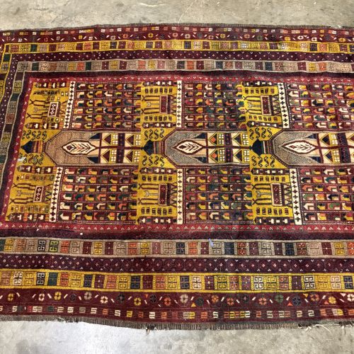 Baluch Hand-Knotted Wool Tribal Rug with Triple-Mihrab Pattern