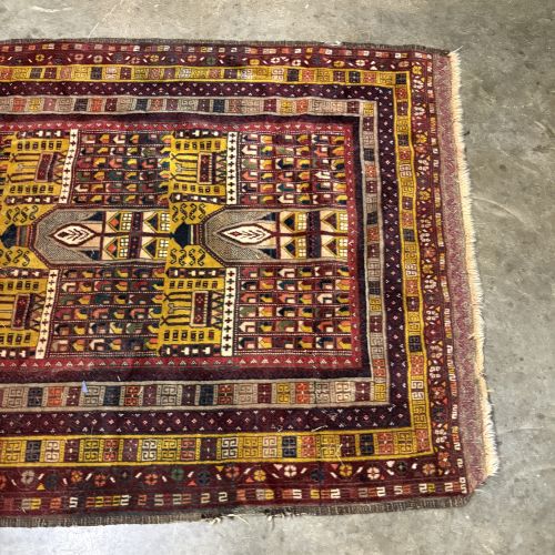 Baluch Hand-Knotted Wool Tribal Rug with Triple-Mihrab Pattern