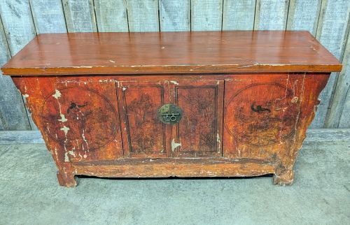 Large Chinese Red Lacquered Altar Cabinet with Hand Painted Decoration