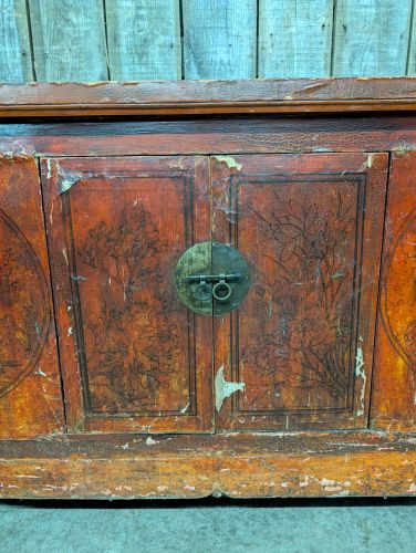 Large Chinese Red Lacquered Altar Cabinet with Hand Painted Decoration