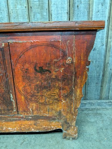 Large Chinese Red Lacquered Altar Cabinet with Hand Painted Decoration